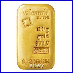 100 Gram Valcambi Suisse. 9999 Fine Gold Bar Cast