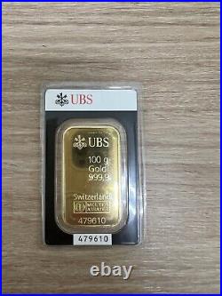 100 Grams Pure Gold Bar UBS Swiss Bank Corporation Fineness 999 Assayed