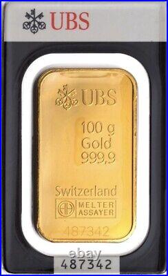 100 Grams Pure Gold Bar UBS Swiss Bank Corporation Fineness 999 Assayed