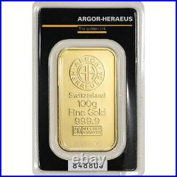 100 gram Gold Bar Argor Heraeus 999.9 Fine in Assay