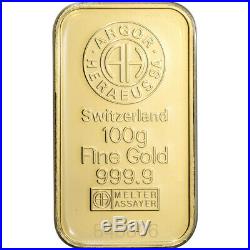 100 gram Gold Bar Argor Heraeus 999.9 Fine in Assay