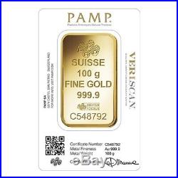 100 gram Gold Bar PAMP Suisse Lady Fortuna Veriscan. 9999 Fine (In Assay)