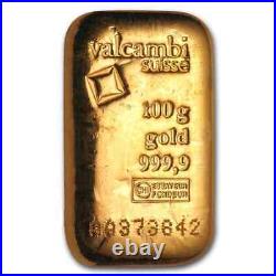 100 gram Gold Bar Valcambi Cast Poured Bar. 9999 Fine Gold with Assay