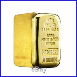 100 gram Republic Metals (RMC) Gold Bar. 9999 Fine Serial # A000001 (withAssay)