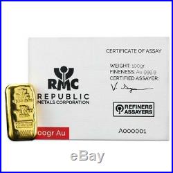 100 gram Republic Metals (RMC) Gold Bar. 9999 Fine Serial # A000001 (withAssay)