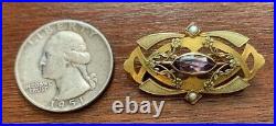 10K Yellow Gold, Amethyst & Seed Pearl Victorian Art Nouveau Bar Brooch Pin