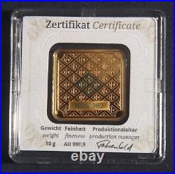 10 Gram Geiger Germany. 9999 Fine Gold Bar In Assay Card Lot 091224