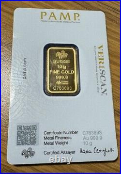 10 Gram PAMP Suisse Vintage Lady Fortuna 999,9 Fine Gold Bar Sealed in Assay
