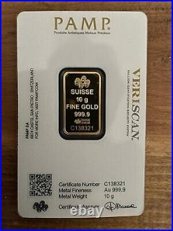 10 Gram Pamp Suisse Gold Bar Metal Fineness Au 999.9 US Shipping Only