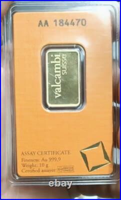 10 Gram Valcambi Suisse. 9999 Fine Gold Bar Certified Assay -PURE 10 Grams