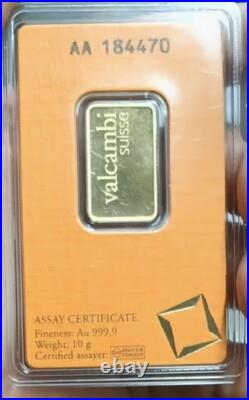 10 Gram Valcambi Suisse. 9999 Fine Gold Bar Certified Assay -PURE 10 Grams