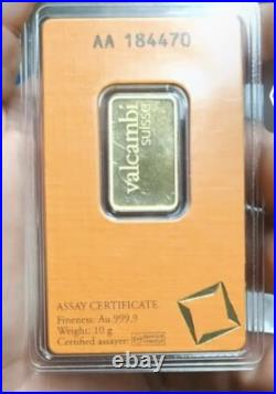 10 Gram Valcambi Suisse. 9999 Fine Gold Bar Certified Assay -PURE 10 Grams