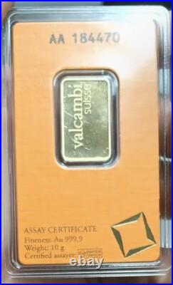 10 Gram Valcambi Suisse. 9999 Fine Gold Bar Certified Assay -PURE 10 Grams