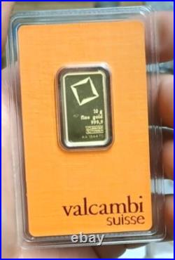 10 Gram Valcambi Suisse. 9999 Fine Gold Bar Certified Assay -PURE 10 Grams