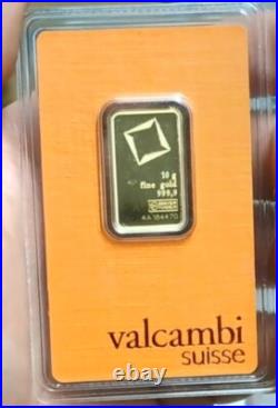 10 Gram Valcambi Suisse. 9999 Fine Gold Bar Certified Assay -PURE 10 Grams