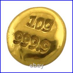 10 Grams 999.9 Fine Solid Gold Hand Poured Certified Investor Ingot Round Bar
