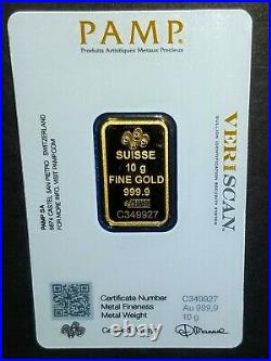 10 g gram Gold Bar PAMP Suisse Fortuna 999.9 Fine in Sealed Assay 24k Invest