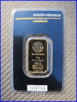 10 gram Argor Heraeus Gold Bar. 9999 Fine (In Assay)