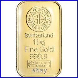 10 gram Gold Bar Argor Heraeus 999.9 Fine in Assay