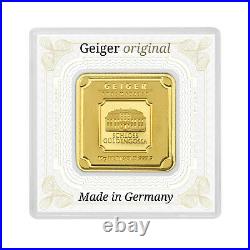 10 grams Geiger original square. 999 fine gold bar in assay