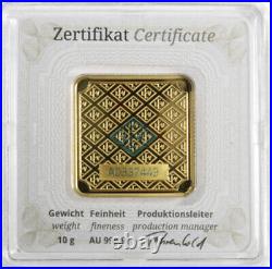 10 grams Geiger original square. 999 fine gold bar in assay