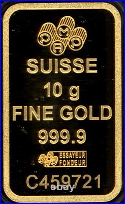 10g Gold Bar PAMP Suisse Lady Fortuna Veriscan (In Assay). 9999 Fine Sealed