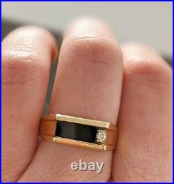 10kt Fine Yellow Gold Bar Rectangle Black Onyx & Natural Diamond Ring Size 9