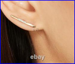 14K Gold 0.09 Ct. Genuine Diamond Long Bar Ear Climber Earrings Fine Jewelry