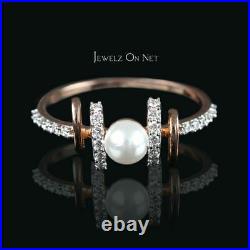 14K Gold Genuine Diamond And Freshwater Pearl Double Bar Ring Fine Jewelry