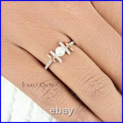 14K Gold Genuine Diamond And Freshwater Pearl Double Bar Ring Fine Jewelry