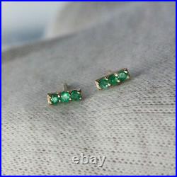 14K Gold Genuine Emerald Gemstone Minimal Bar Studs Fine Earrings