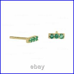 14K Gold Genuine Emerald Gemstone Minimal Bar Studs Fine Earrings