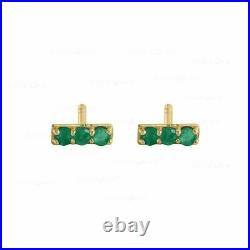 14K Gold Genuine Emerald Gemstone Minimal Bar Studs Fine Earrings