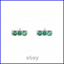 14K Gold Genuine Emerald Gemstone Minimal Bar Studs Fine Earrings