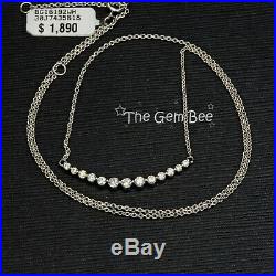 14K Solid White Gold Fine Diamond Smiley Face Curved Bar Necklace Adjustable