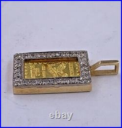 14K Yellow Gold. 32tcw Diamond Bezel Set 1 Gram. 999 Fine Gold Bar Pendant
