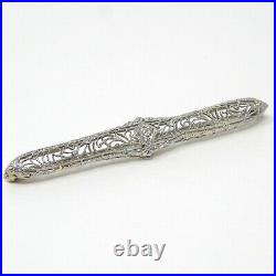 14 kt White Gold ART DECO Diamond Filigree Brooch Bar Pin circa 1930's A7351
