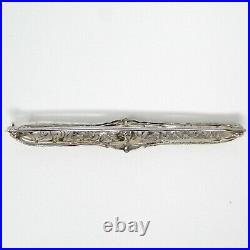 14 kt White Gold ART DECO Diamond Filigree Brooch Bar Pin circa 1930's A7351