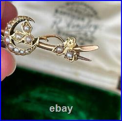 15ct Gold Antique Fine Victorian Seed Pearl Crescent Moon Bar Old Brooch Pin