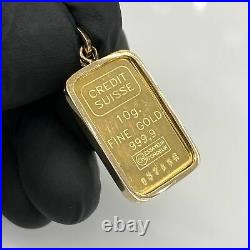 18K Gold Frame 10 Gram Fine Gold 999.9 Credit Suisse Bar Pendant Charm Estate