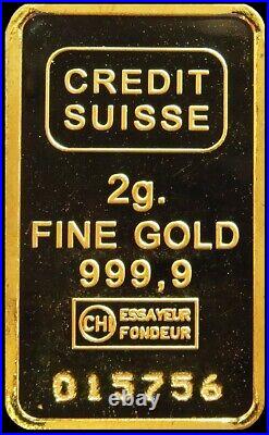 1985 Gold Credit Suisse Switzerland 2 Gram Statue Of Liberty Gold. 9999 Fine Bar