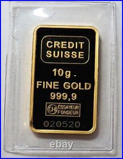 1985 Gold Vintage Mtb 10 Gram 999.9 Fine Credit Suisse Statue Of Liberty Bar