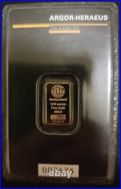 1/10 Ounce Gold Bar Argor Heraeus- 999.9 Fine 3.1g in Assay Pristine 24K Gold