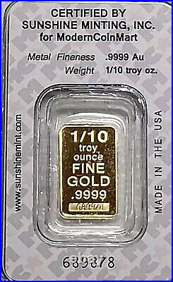 1/10 Oz Fine Gold Bullion Bar (999.9) SECURITY SEALED SMI Assay Card