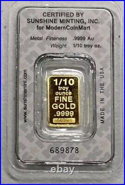 1/10 Oz Fine Gold Bullion Bar (999.9) SECURITY SEALED SMI Assay Card