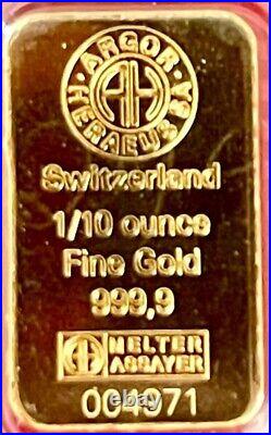 1/10 oz Gold Bar Argor Heraeus 999.9 Fine in Assay