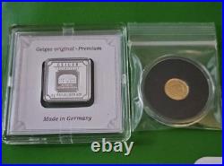 1/2 G. 9999 Gold Capsule & Geiger 5 Gram Silver Bar. 999 Fine In Assay Monarch