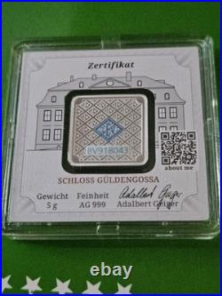 1/2 G. 9999 Gold Capsule & Geiger 5 Gram Silver Bar. 999 Fine In Assay Monarch