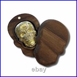 1 2 oz. 999 Fine Silver Skull Sunflower with 24Kt Gold Detail in Wooden Box