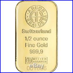 1/2 oz Gold Bar Argor Heraeus 999.9 Fine in Assay